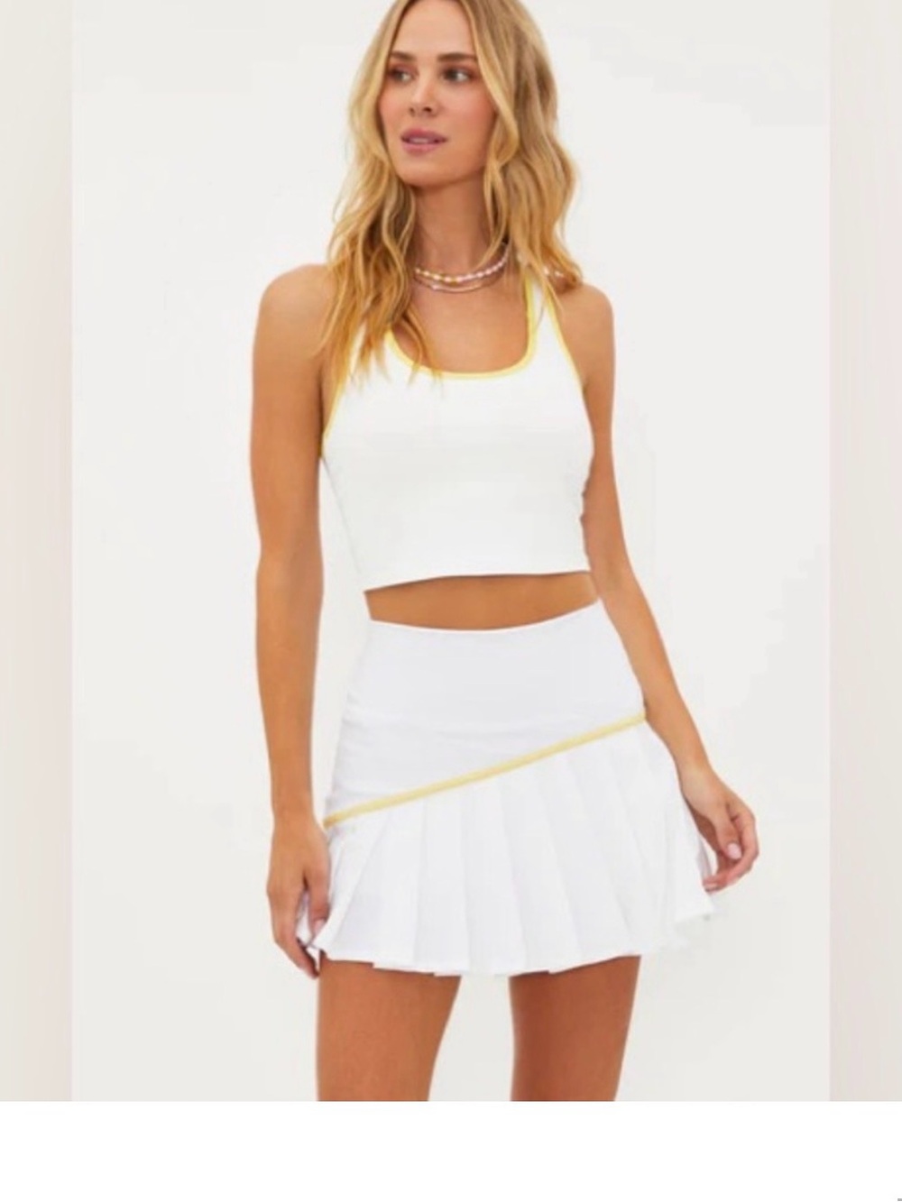 Beach Riot White Pleated Tennis Skirt with Yellow Trim